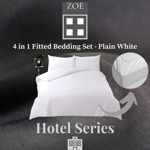4 in 1 Fitted Bedding Set Plain White Hotel Quality - Super Single / Queen / King - Zoe Home®