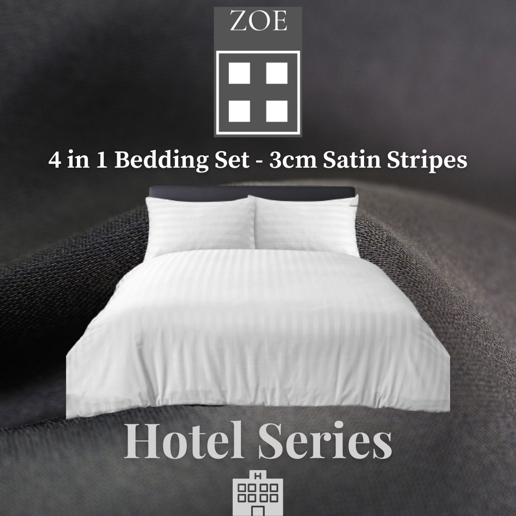 4 in 1 Bedding Set 3cm Satin Stripes Hotel Quality - Super Single / Queen / King - Zoe Home®