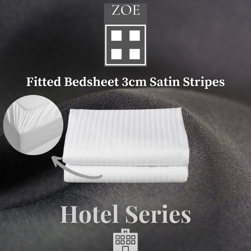Fitted Bedsheet 3cm Satin Stripes Hotel Quality - Super Single / Queen / King - Zoe Home®