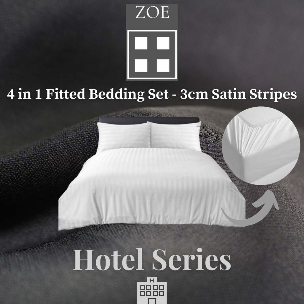 4 in 1 Fitted Bedding Set 3cm Satin Stripes Hotel Quality - Super Single / Queen / King - Zoe Home®
